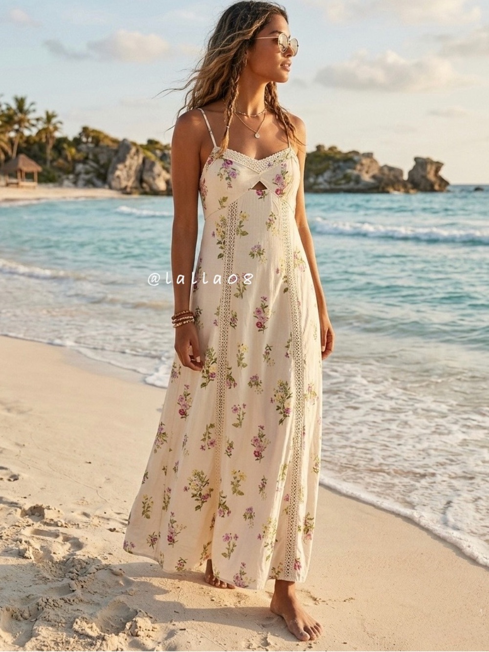 Caroline Constas Cream Floral Linen Crochet Inset Maxi Dress - Picture 9 of 9